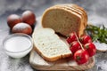 Bread, flour, eggs and cherry tomatoes. Royalty Free Stock Photo