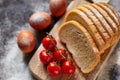 Bread, flour, eggs and cherry tomatoes. Royalty Free Stock Photo