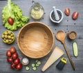 Ingredients preparation healthy food, lettuce, olives, cherry tomatoes, cucumbers, parmesan cheese, grater, condiments olive