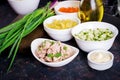 Ingredients for preparation salad of cod liver Royalty Free Stock Photo