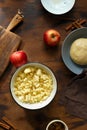 Ingredients preparation stuffing apple strudel raisins dough cinnamon top view