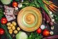 Ingredients for preparing borscht, vegetables for cooking borsch beetroot, cabbage, carrots, potatoes, tomatoes. Ukrainian food