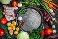 Ingredients for preparing borscht, vegetables for cooking borsch beetroot, cabbage, carrots, potatoes, tomatoes. Ukrainian food