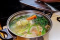 Ingredients for preparing chicken bone broth in a pot chicken, onions, celery root, carrots, parsley