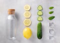 Ingredients for preparing healthy detox water. Empty glass bottle, lemon, cucumber, mint and ice