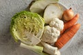 Ingredients for preparing a vegetable broth or soup - carrots, Savoy cabbage, onions, cauliflower, celery root, parsley root and