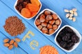 Ingredients and products containing ferrum and dietary fiber, healthy food Royalty Free Stock Photo