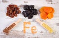 Ingredients and products containing iron and dietary fiber, healthy nutrition Royalty Free Stock Photo