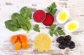 Ingredients and products containing iron and dietary fiber, healthy nutrition Royalty Free Stock Photo