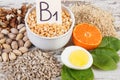 Products and ingredients containing vitamin B1, natural minerals and dietary fiber, healthy nutrition Royalty Free Stock Photo