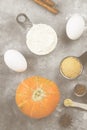 Ingredients for pumpkin pie - flour, pumpkins, eggs, cane sugar, various spices (nutmeg, ginger, cinnamon, anise) and white round Royalty Free Stock Photo