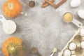 Ingredients for pumpkin pie - flour, pumpkins, eggs, cane sugar, various spices (nutmeg, ginger, cinnamon, anise) on a gray Royalty Free Stock Photo