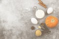 Ingredients for pumpkin pie - flour, pumpkins, eggs, cane sugar, various spices (nutmeg, ginger, cinnamon, anise) on a gray Royalty Free Stock Photo