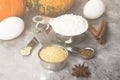 Ingredients for pumpkin pie - flour, pumpkins, eggs, cane sugar, various spices (nutmeg, ginger, cinnamon, anise) on a gray Royalty Free Stock Photo