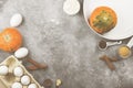 Ingredients for pumpkin pie - flour, pumpkins, eggs, cane sugar, various spices (nutmeg, ginger, cinnamon, anise) and white round Royalty Free Stock Photo