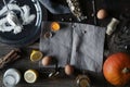 Ingredients for pumpkin pie on the wooden table