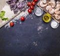 Ingredients for risotto with prawns, vegetables, spices, white wine border, place for text wooden rustic background top view
