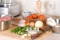 Ingredients for rolled meat with bacon and mushroom Royalty Free Stock Photo