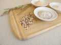 Ingredients for rye bread with rye flour, groats, sourdough and seed mixture