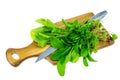 Ingredients for salad from green leaves of garden herbs on cutting board Royalty Free Stock Photo