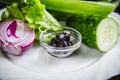 Ingredients for the salad vegetables, ready meals Royalty Free Stock Photo