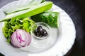 Ingredients for the salad vegetables, ready meals Royalty Free Stock Photo