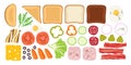 Ingredients for sandwiches. Sliced vegetables, meat products, greens to create sandwiches. Snacks. Overhead view of