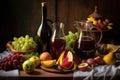 ingredients for sangria: wine bottles, fruits, and a pitcher