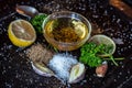 Ingredients for sauce. Selection of spices herbs and greens. Ing Royalty Free Stock Photo