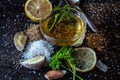 Ingredients for sauce. Selection of spices herbs and greens. Ing Royalty Free Stock Photo