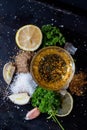 Ingredients for sauce. Selection of spices herbs and greens. Ing Royalty Free Stock Photo