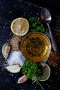 Ingredients for sauce. Selection of spices herbs and greens. Ing Royalty Free Stock Photo