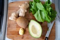 Ingredients for smoothies - kiwi, avocado, spinach and ginger. healthy food Royalty Free Stock Photo