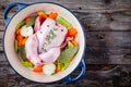 Ingredients for soup broth: chicken, carrots, celery, onions Royalty Free Stock Photo