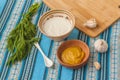 Ingredients for sour cream-mustard sauce. Flat lay