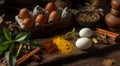 The ingredients and spices used in the egg curry, such as eggs, ginger, chili peppers, and an assortment of spices commonly used Royalty Free Stock Photo
