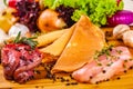 Ingredients for stuffed pancakes with meat and mushrooms on wooden background Royalty Free Stock Photo