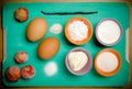 Ingredients for sweet pastry on a blue wooden cutting board. Selective focus. Toned