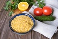 Ingredients for Tabouli Salad or Tabule, Tabbouleh - simple Mediterranean salad with vegetables and bulgur.