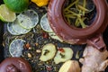 Ingredients for tea with lime and ginger. Royalty Free Stock Photo