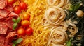 Ingredients to traditional Italian meals with pasta. AI generated. Royalty Free Stock Photo