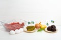 Ingredients for a traditional Swedish dish beef Lindstrom. Freshly minced beef, boiled potato, white chopped onion, pickles, pickl Royalty Free Stock Photo