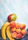 Ingredients for a tropical fruit smoothie with mango and banana Royalty Free Stock Photo