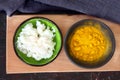 Ingredients turmeric, coconut oil for natural mask or turmeric toothpaste