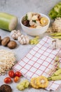 Ingredients used to make soup include corn, shiitake mushrooms, tomatoes, needle mushrooms, chili, and garlic Royalty Free Stock Photo