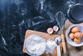 Ingredients and utensil for baking on the black board