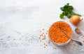 Ingredients for vegan soup or for lentil pancakes: red lentils, onions, garlic and herbs on a light gray textured background