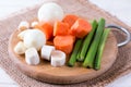 Ingredients for vegetable broth, carrots, onion, leeks, celery, parsley