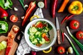 Ingredients for vegetable ragout on wooden background top view