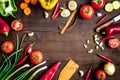 Ingredients for vegetable ragout on wooden background top view